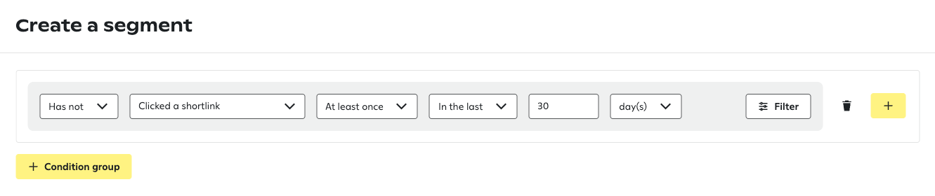 Segment builder showing a Has not Clicked a shortlink condition set to At least once in the last 30 days.