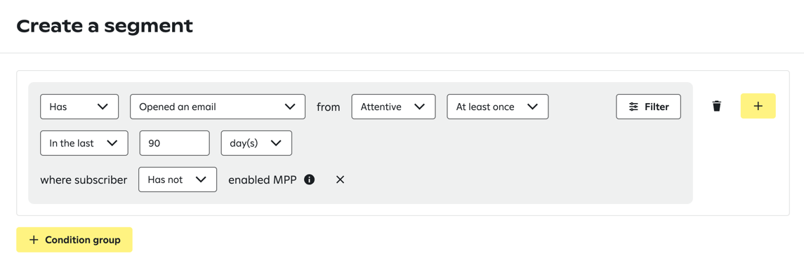 Segment builder showing a condition where a subscriber has opened an email from Attentive at least once in the last 90 days and has not enabled MPP, with options to filter, add a condition or condition group, or delete the condition.