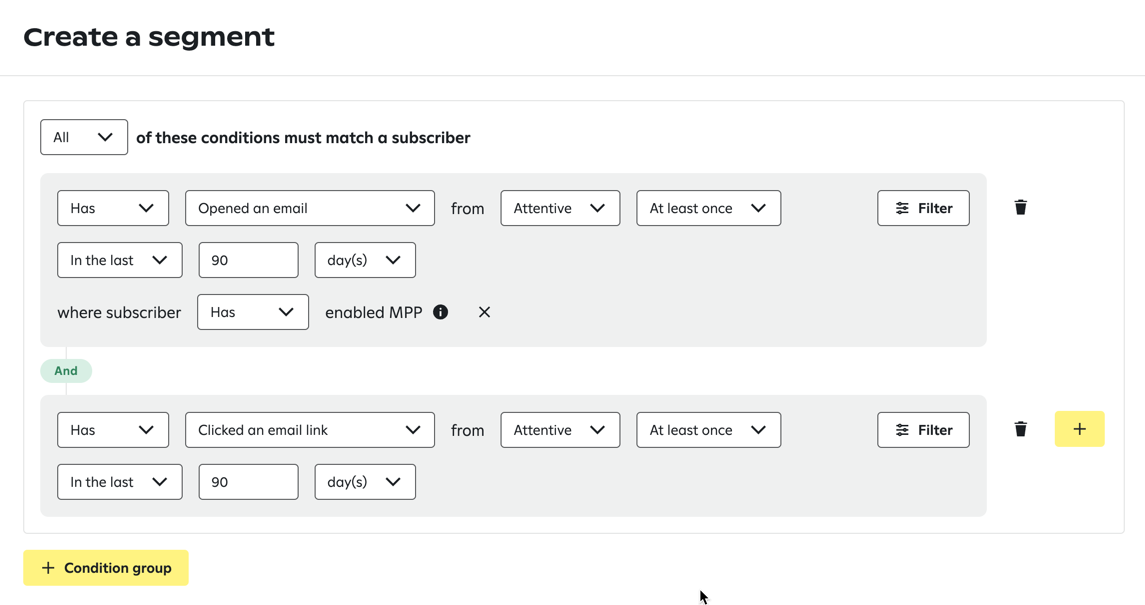 Segment builder showing two conditions: the first condition is for subscribers who have opened an email from Attentive at least once in the last 90 days and have enabled MPP; and the second condition is for subscribers who have clicked an email link from Attentive at least once in the last 90 days.