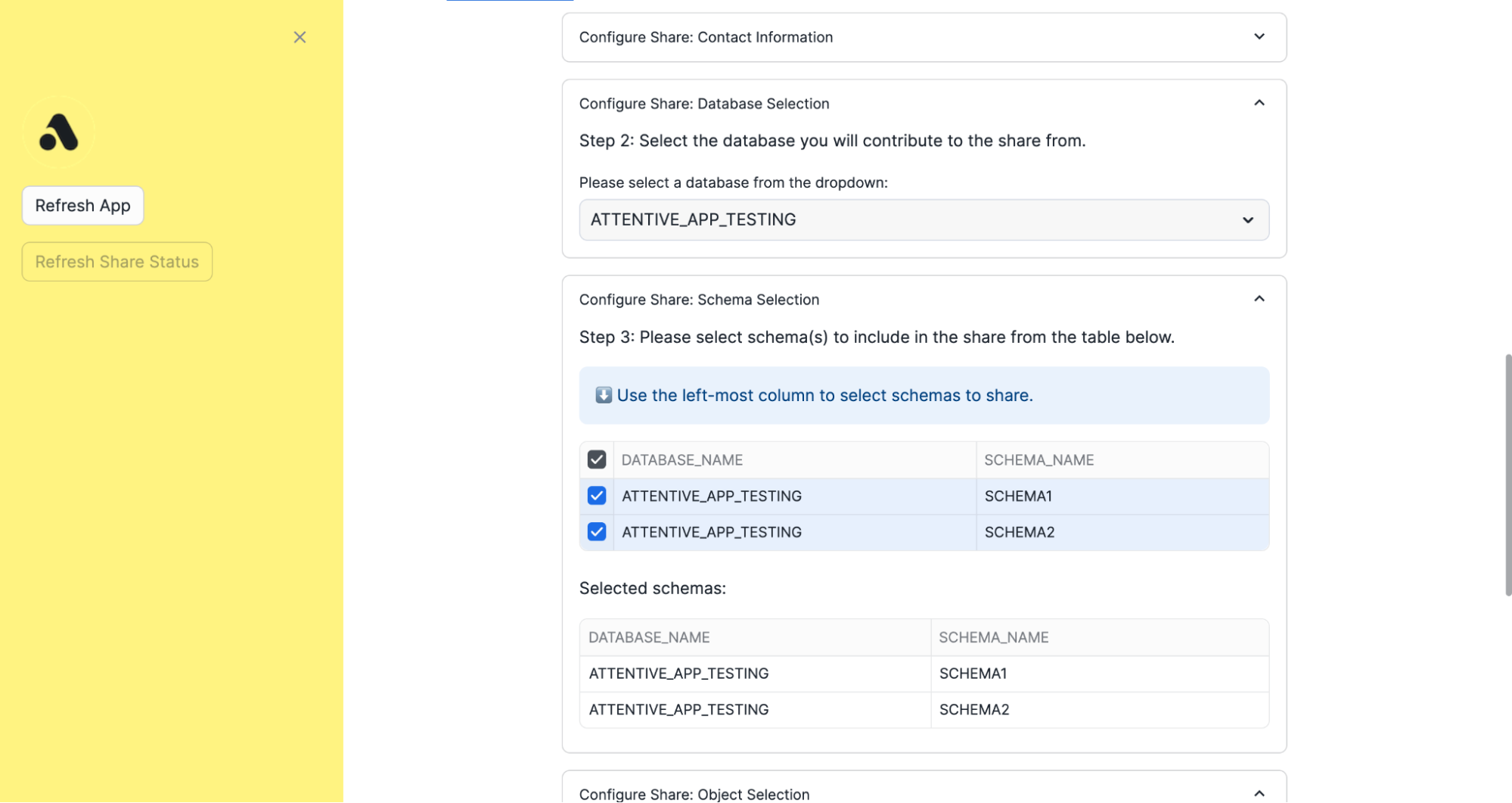 'Configure Share: Schema Selection' section with two schema selected
    under the database and displayed in the 'Selected schemas' table below.