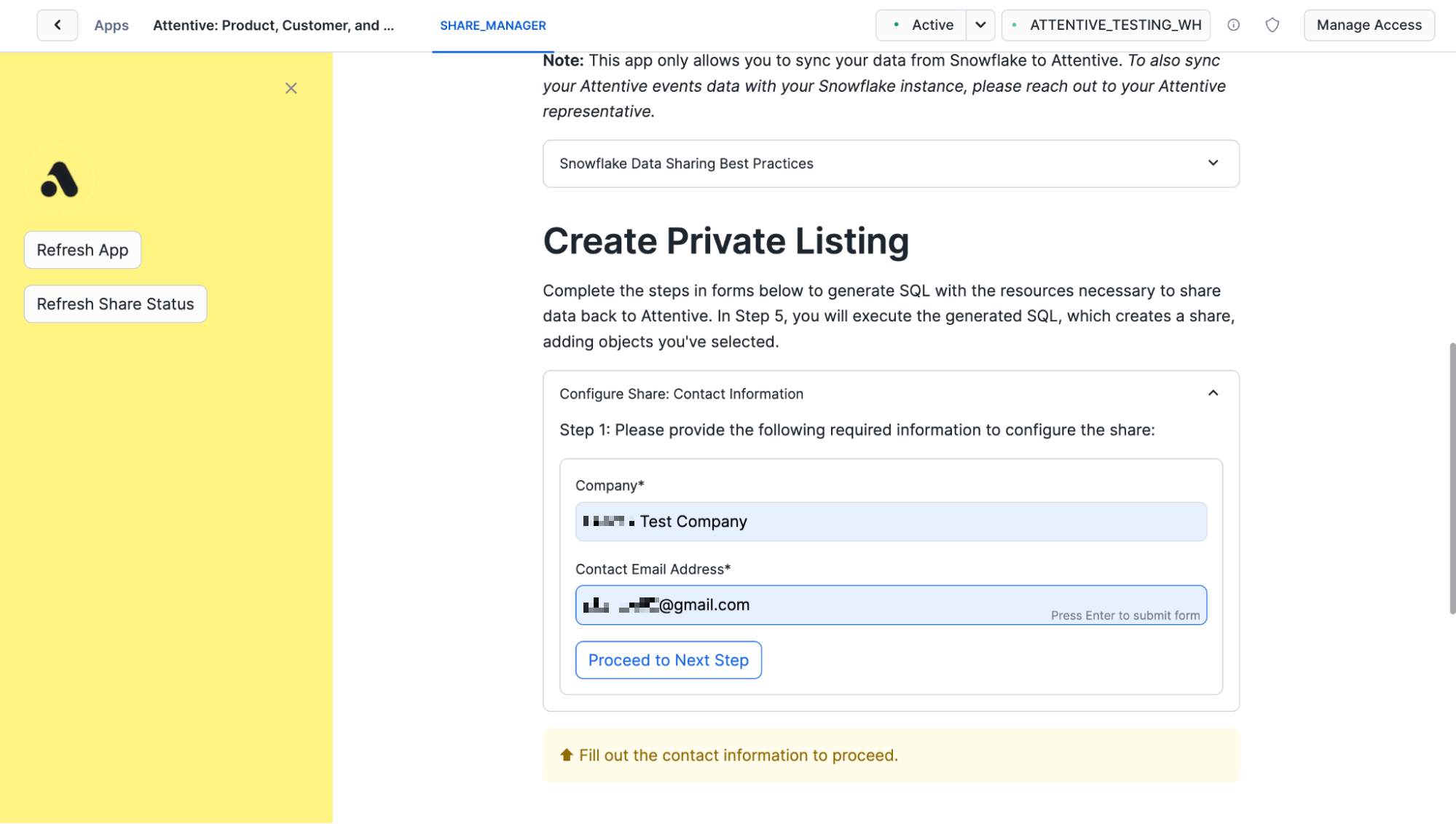 'Create Private Listing' form with fields for 'Company' pre-filled
    and 'Contact Email Address' set, a blue 'Proceed to Next Step' button, and
    a yellow note prompting to fill out contact information.