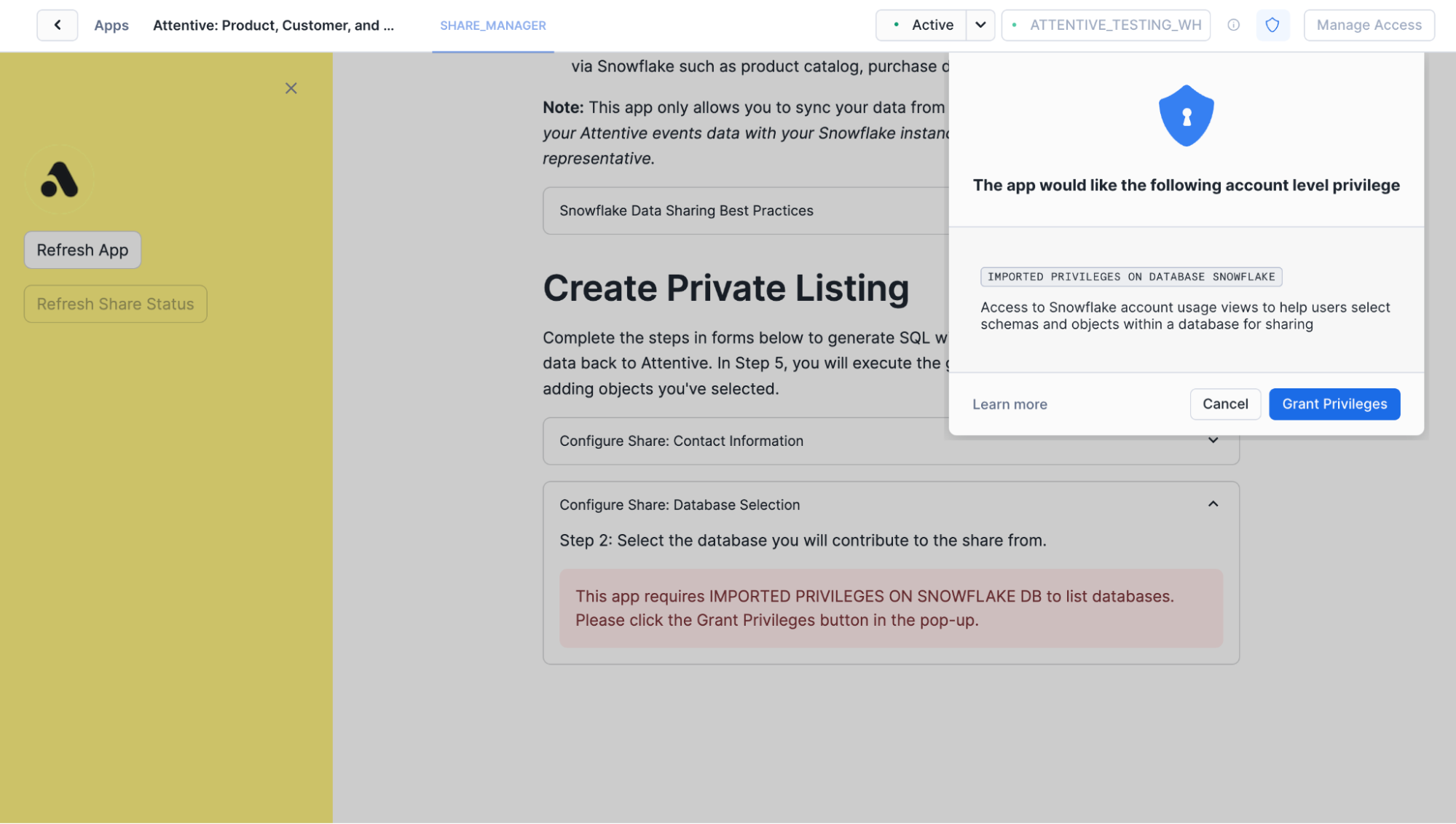 'Create Private Listing' page with a red warning box about required
    'IMPORTED PRIVILEGES ON SNOWFLAKE DB', and a pop-up prompting to grant account-level
    privileges with 'Cancel' and 'Grant Privileges' buttons.