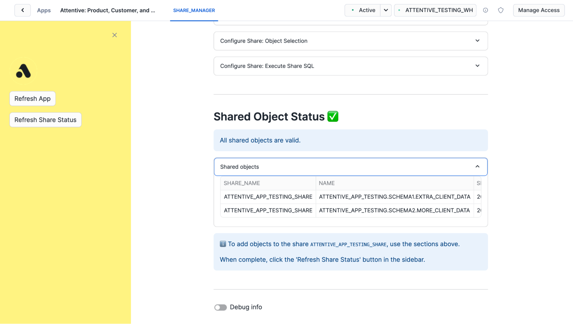 'Shared Object Status' section showing a green checkmark with two shared
    objects listed and a note about adding objects and refreshing the share status.