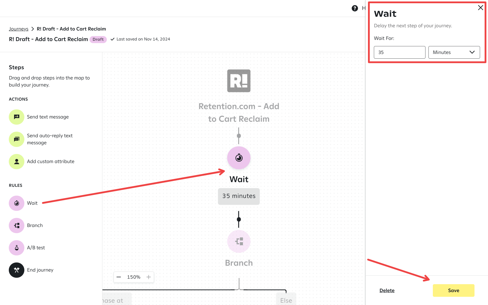 The journey builder showing a flow with a 'Wait' step set to 45 minutes, highlighted in purple; the 'Wait' settings panel on the right includes a 'Save' button highlighted at the bottom.