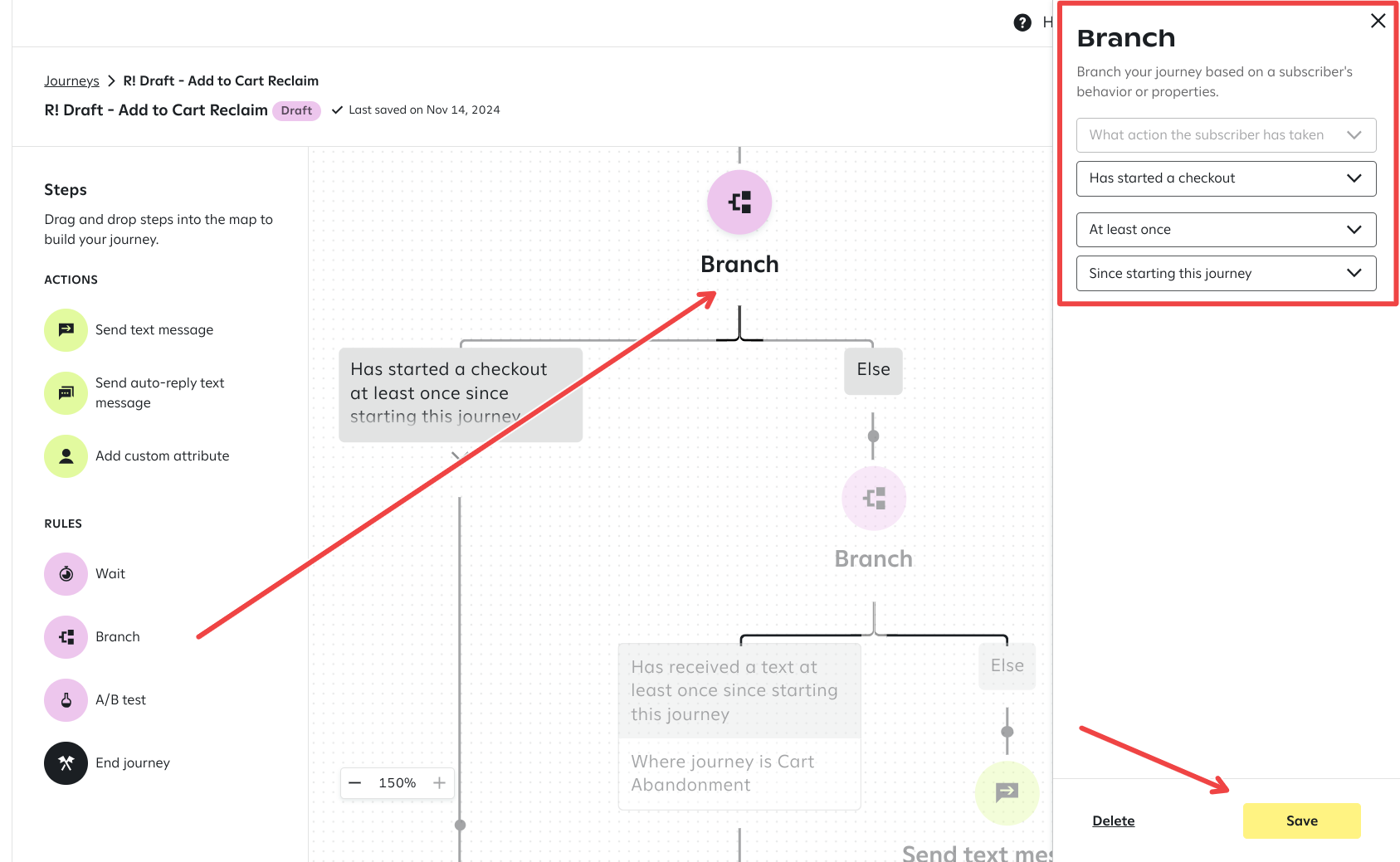 The journey builder showing a 'Branch' step, highlighted in purple, configured with the condition 'Has started a checkout at least once since starting this journey'; the 'Branch' settings panel on the right includes a highlighted 'Save' button.