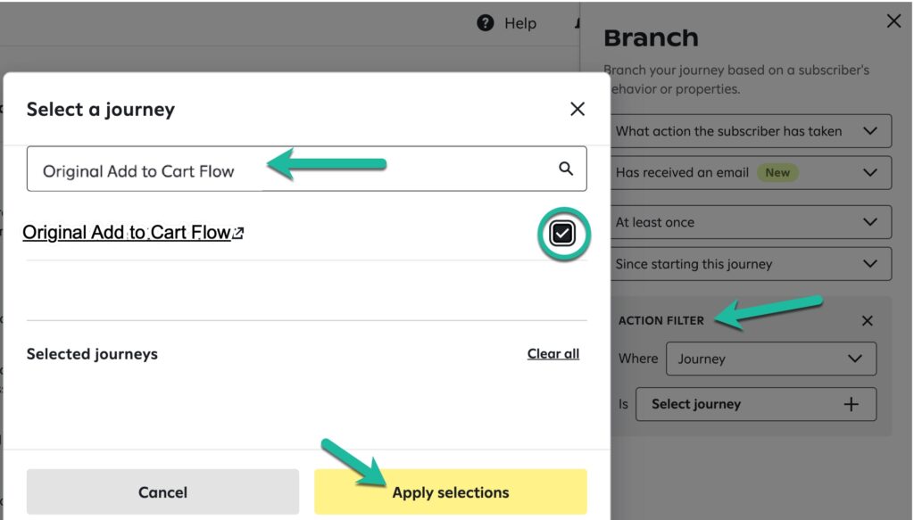 The 'Select a journey' pop-up showing the 'Original Add to Cart Flow' selected with a checkmark, and the 'Apply selections' button highlighted in yellow; an arrow points to the 'Action filter' setting in the 'Branch' panel.