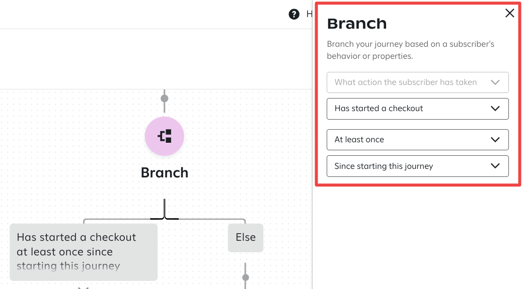 The 'Branch' step in the 'Viewed Product Reclaim' journey configured with the condition 'Has started a checkout at least once since starting this journey'; the settings panel on the right displays these criteria.