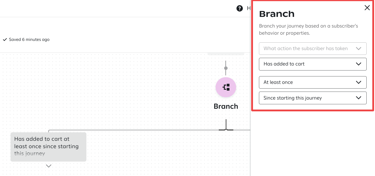 The 'Branch' step in the journey configured with the condition 'Has added to cart at least once since starting this journey'; the settings panel on the right displays these criteria.