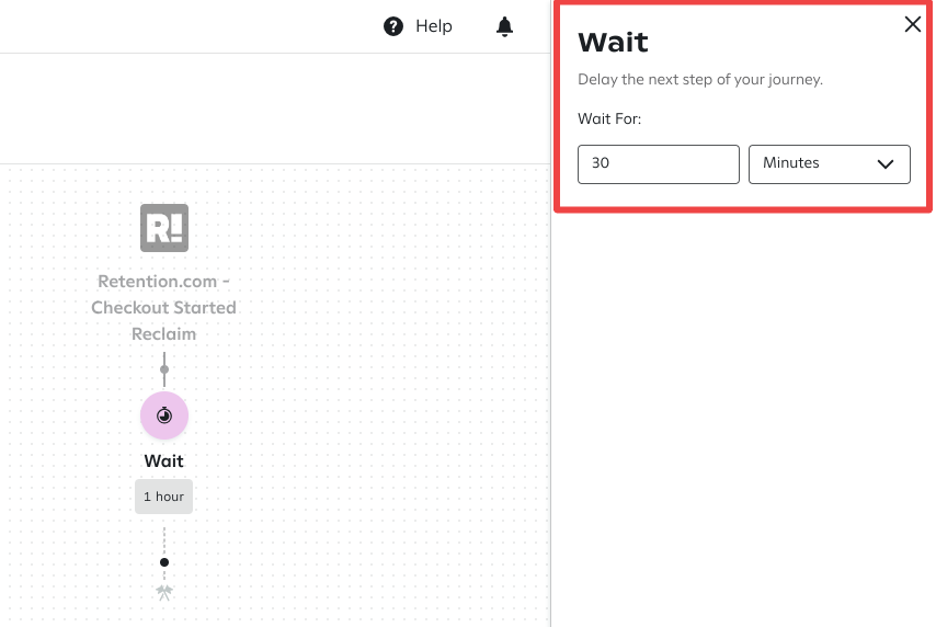 The 'Wait' step in the 'Checkout Started Reclaim' journey highlighted in purple and currently set to delay for 1 hour; the 'Wait' settings panel on the right allows adjustment to 30 minutes.