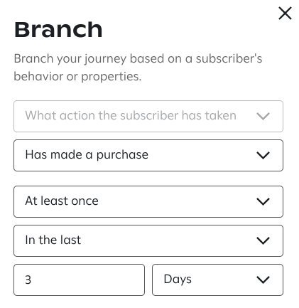 The 'Branch' settings panel configured to split the journey based on the condition 'Has made a purchase,' occurring 'At least once' and 'In the last 3 days.'