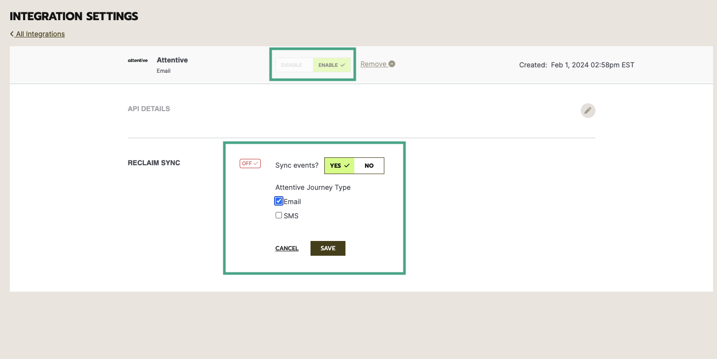 The 'Integration Settings' page shows the 'Reclaim Sync' section, where 'Sync events?' is toggled to 'Yes', with 'Email' selected as the journey type; 'Save' and 'Cancel' buttons are displayed below, and the integration status is set to 'Enable'.