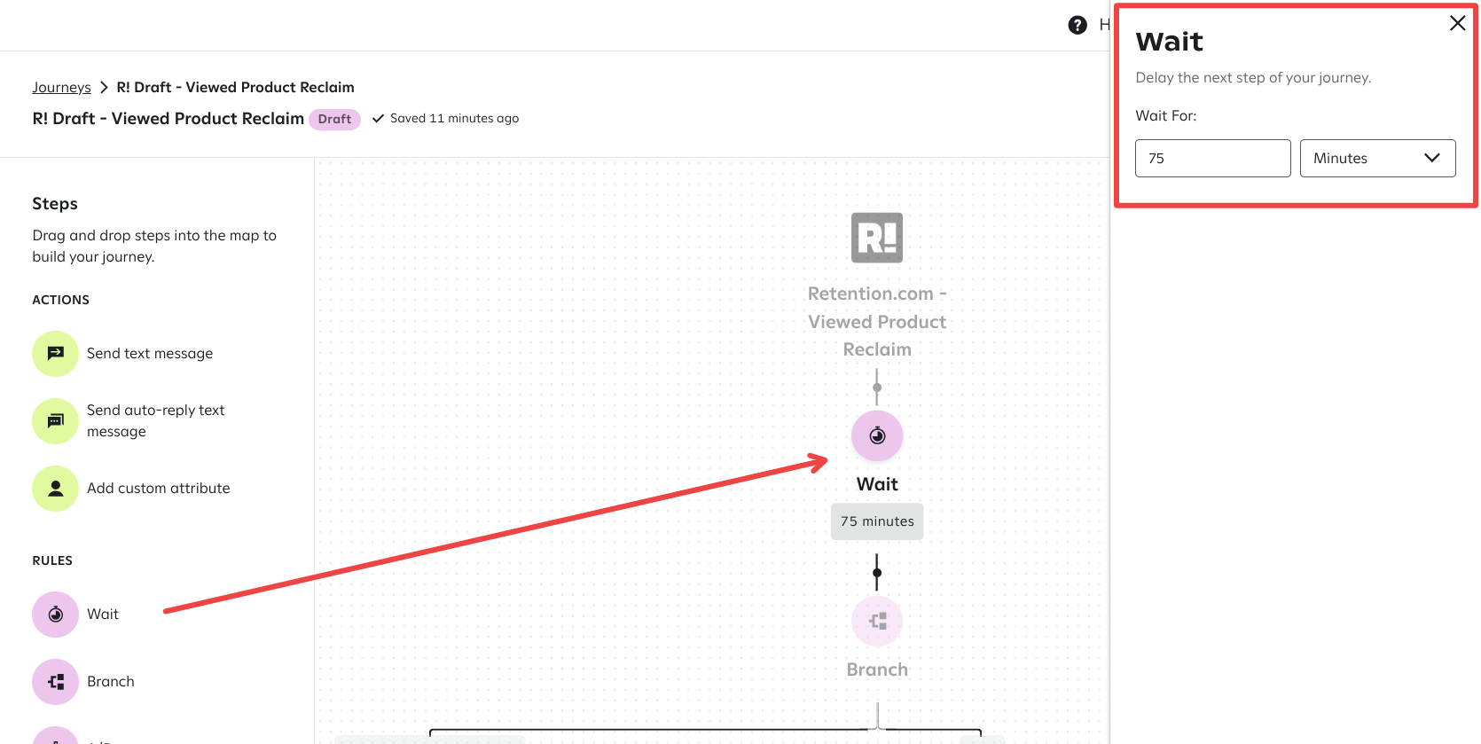 The journey builder showing a flow with a 'Wait' step, highlighted in purple, set to 75 minutes; the 'Wait' settings panel is displayed on the right.