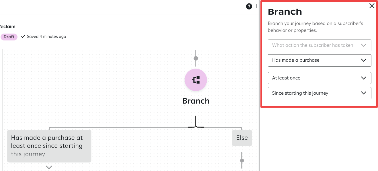 The 'Branch' step in the 'Viewed Product Reclaim' journey configured with the condition 'Has made a purchase at least once since starting this journey'; the settings panel on the right displays these criteria.