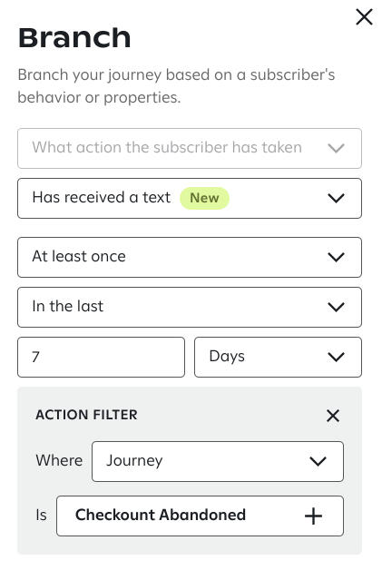 The 'Branch' settings panel configured to split the journey based on the condition 'Has received a text,' labeled with a 'New' badge, occurring 'At least once,' 'In the last 7 days,' with an 'Action filter' set to 'Journey is Checkout Abandoned.'