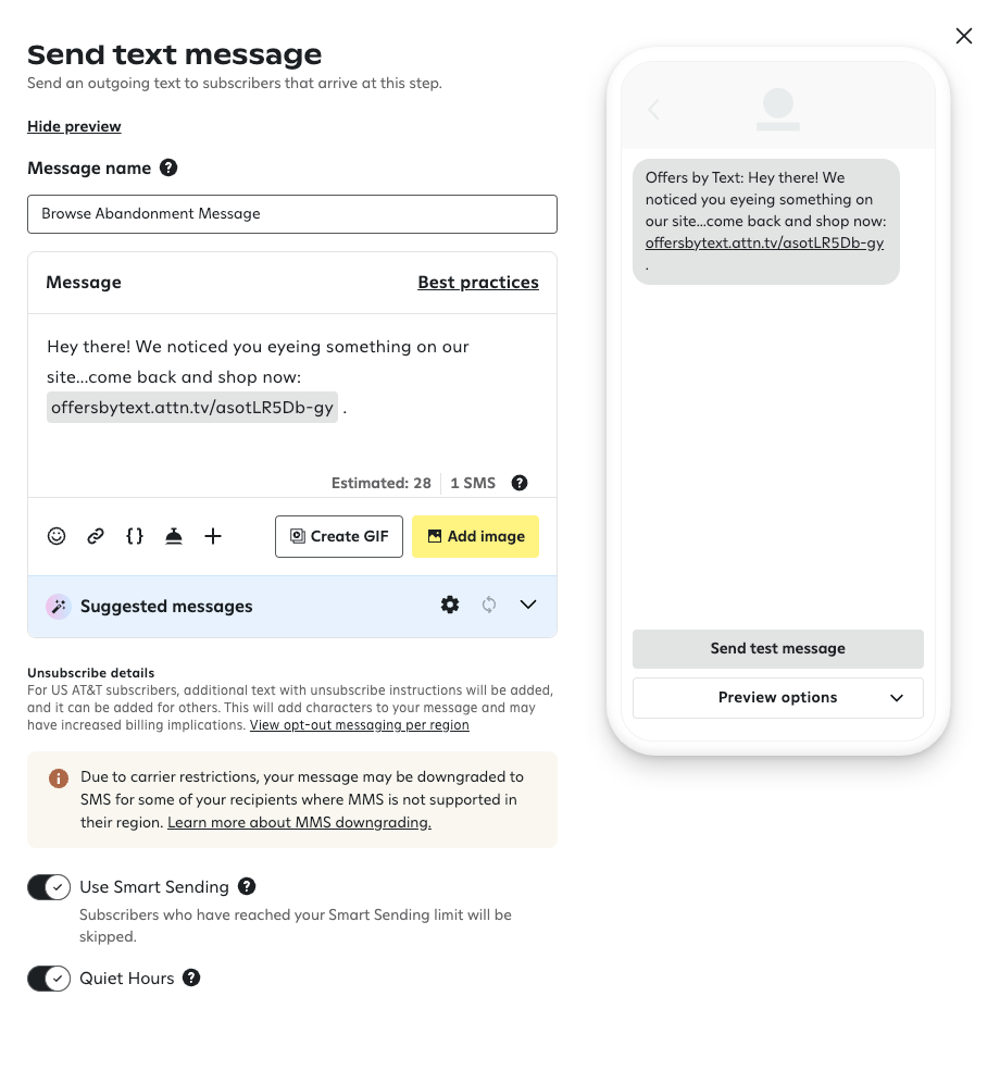 Message composer showing text message composition screen with preview of an abandoned cart message and options to customize sending preferences.
