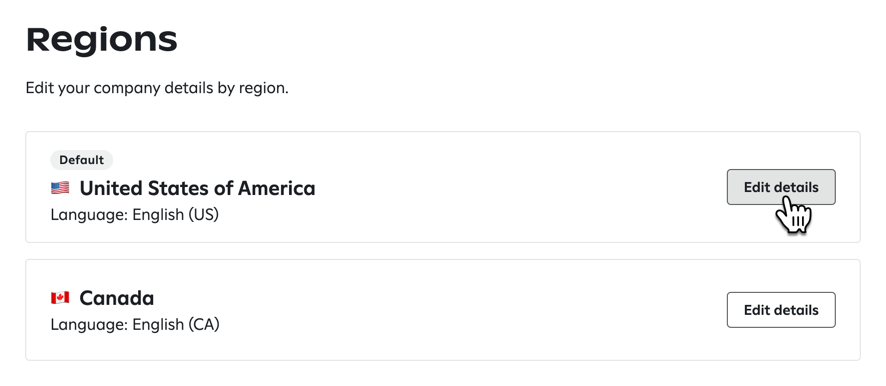 The Regions section showing two regions - United States (marked as Default) and Canada - with their respective languages and 'Edit details' buttons, where a cursor hovers over the US region's edit button.