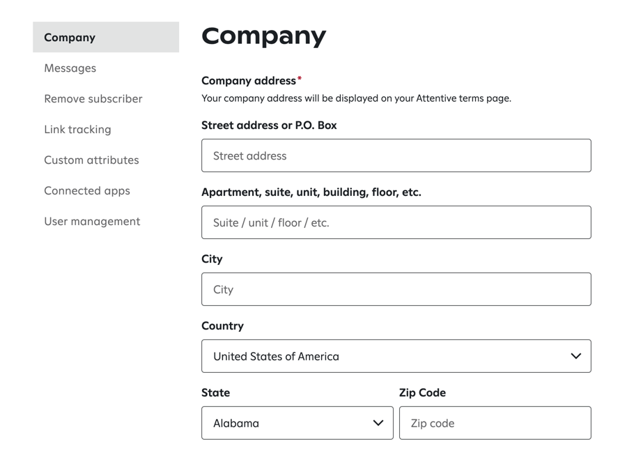 The Company settings page for a customer that only sends messages in one region with fields for street address, apartment/suite, city, country, state, and zip code, with a left sidebar showing navigation options.