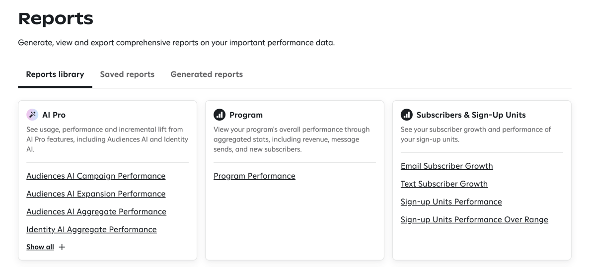 The 'Reports' page showing three tabs at the top: 'Reports library' (selected), 'Saved reports', and 'Generated reports'. Below are panels for the first three report categories—'AI Pro', 'Program', and 'Subscribers & Sign-Up Units'—each containing links to individual reports.