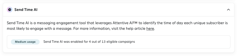 A screenshot of the Send Time AI section, describing its time-of-day optimization and highlighting the usage note showing it’s enabled for 4 out of 13 eligible campaigns.