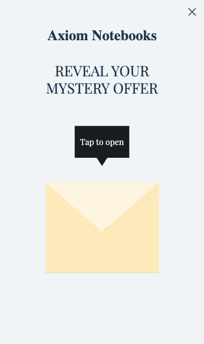 An animated sign-up unit from a brand called 'Axiom Notebooks' displaying a closed envelope with a 'Tap to open' message, revealing a mystery offer inside.