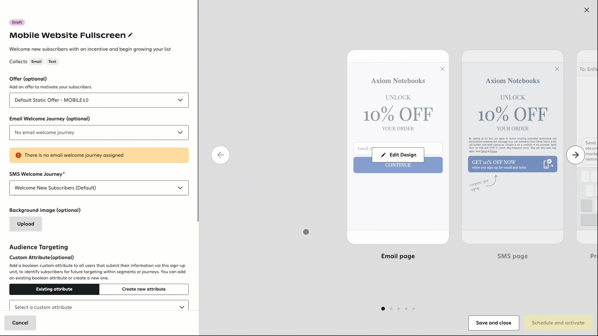 An animation showing a user setting up a 'Mobile Website Fullscreen' sign-up unit with a mystery offer that displays a closed envelope with a 'Tap to open' message, revealing a mystery offer inside.