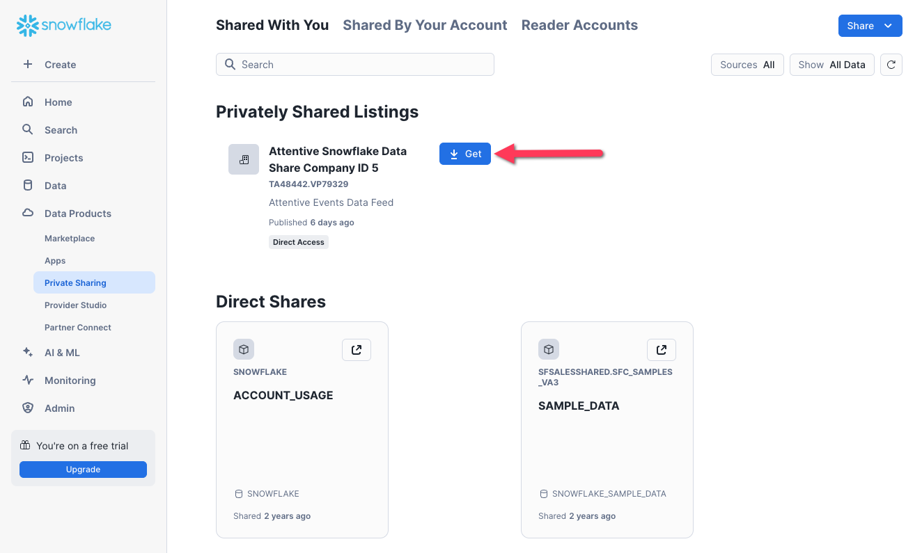Screenshot of Snowflake's Private Sharing page showing one privately shared listing titled ‘Attentive Snowflake Data Share Company ID 5, and two direct shares: ‘ACCOUNT_USAGE’ and ‘SAMPLE_DATA.