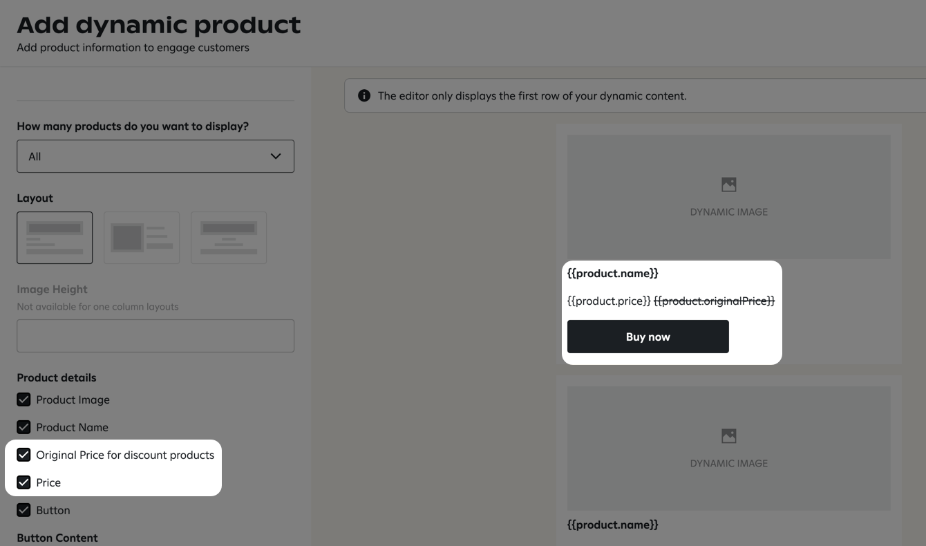 The 'Add dynamic product' page with checkboxes for 'Original Price for discount products' and 'Price' highlighted, alongside a preview section displaying dynamic text placeholders for product name, original price (strikethrough), and price.
