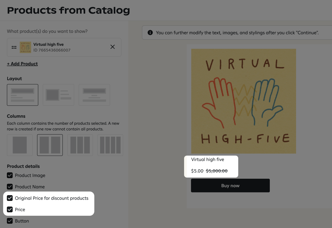Configuring the 'virtual high five' product with a spotlight on the product details section where 'Original Price for discount products' and 'Price' are checked, as well as a spotlight on the product card displaying the name, strikethrough original price of $5000, discounted price of $5, and a black 'Buy now' button.