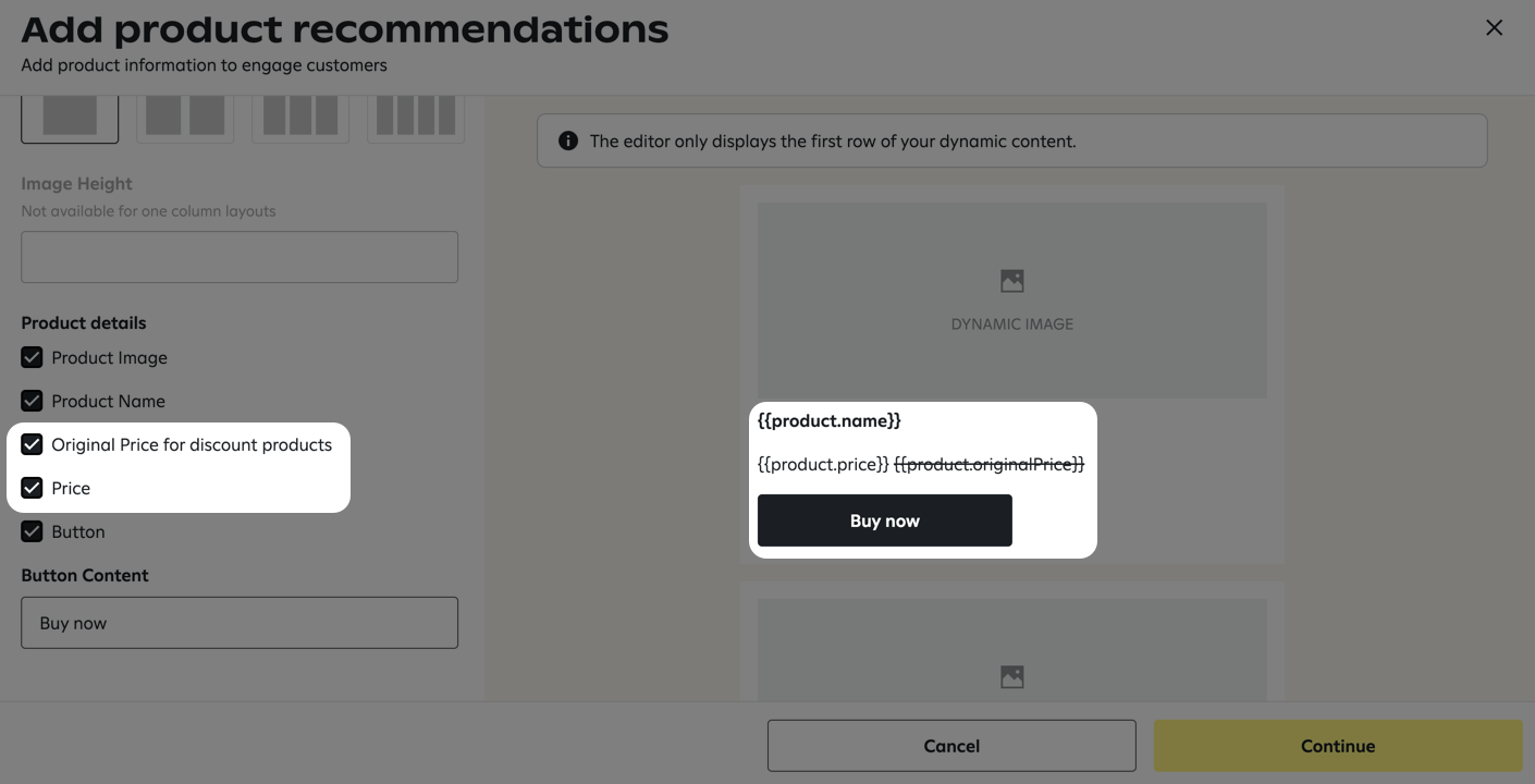 Product recommendation setup with a spotlight on the product details section where 'Original Price for discount products' and 'Price' are checked, as well as a spotlight on the product card displaying dynamic placeholders for the product name, strikethrough original price, discounted price, and a black 'Buy now' button.