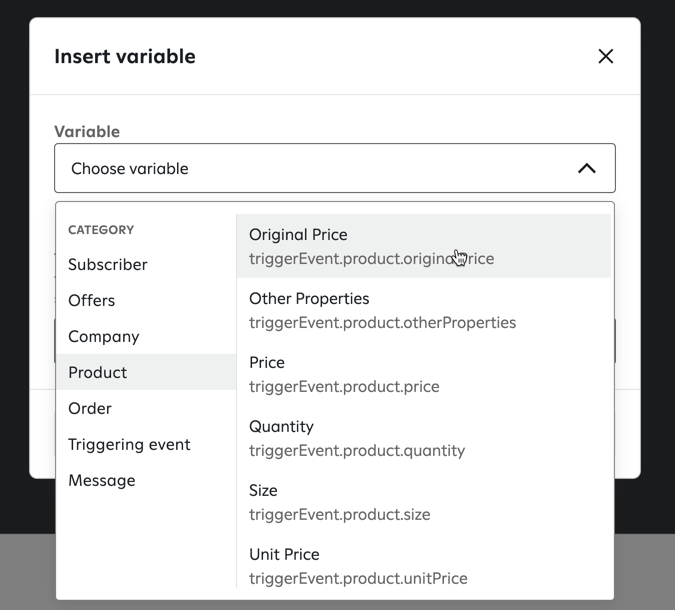 The 'Insert variable' popup showing a dropdown menu labeled 'Variable' with 'Choose variable' selected; the expanded list shows categories on the left and product-related options on the right, with 'Original Price' highlighted.