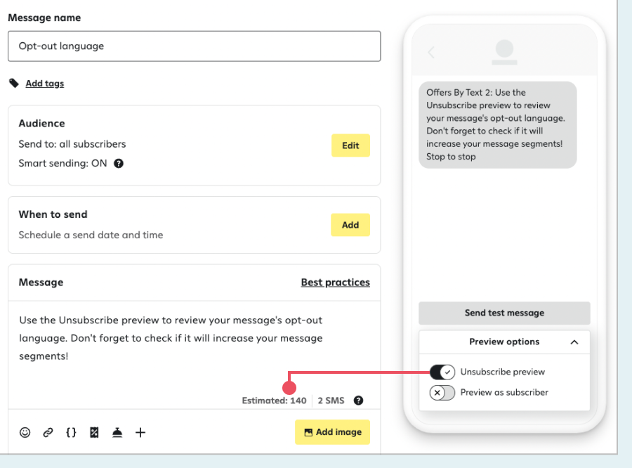 The Attentive UI showing an email campaign editor with a highlighted mobile preview of opt-out language and a character count indicator showing 