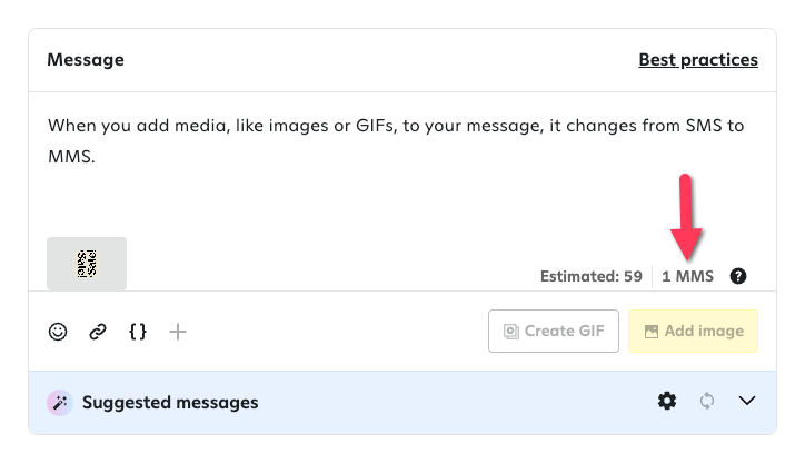 The message composer showing text explaining that adding media converts SMS to MMS, with an estimated character count of 59, an MMS indicator highlighted by a red arrow, and buttons for creating GIFs or adding images below.