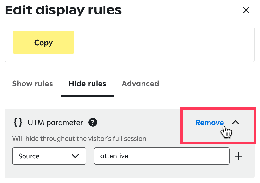 The ‘Edit display rules’ panel with the ‘Hide rules’ tab selected, where a UTM parameter rule is configured, and the red box highlights the ‘Remove’ link with a cursor hovering over it.