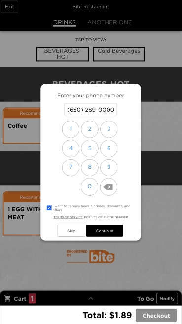 A phone number entry pop-up shows '(650) 289-0000' pre-filled above a numeric keypad, with a checked box to receive updates, and 'Skip' and 'Continue' buttons below.