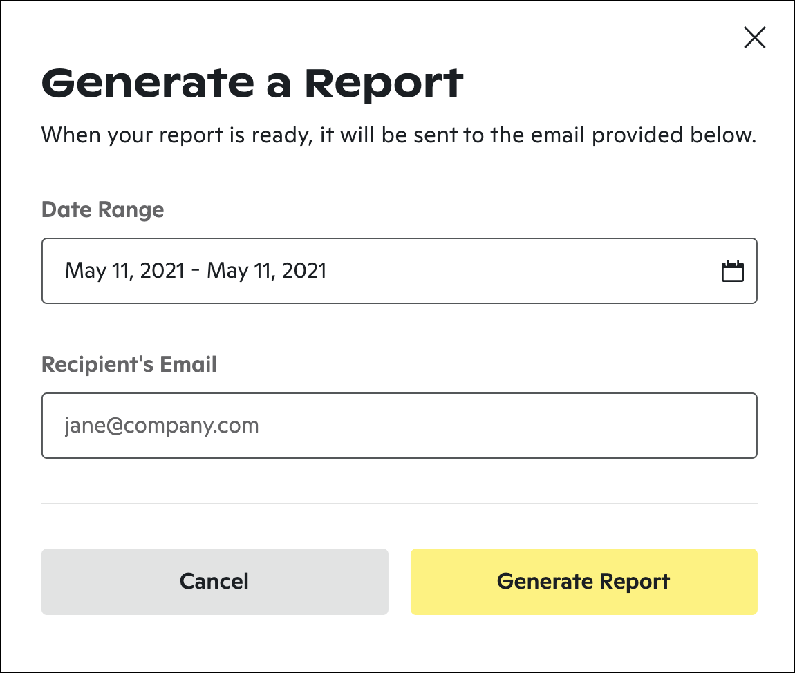 Generate report popup with fields for date range and recipient email address.
