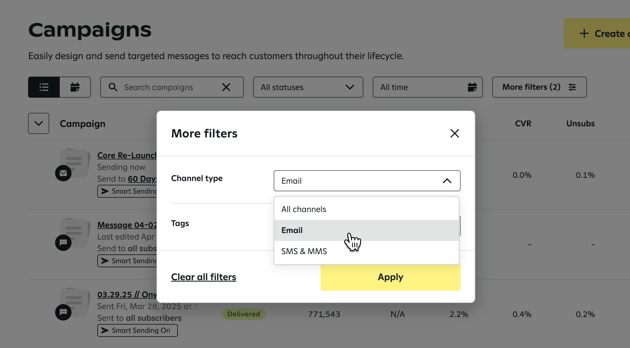 Using the 'More filters' option on the Campaigns page to filter by 'Channel type', with 'Email' highlighted for selection.
