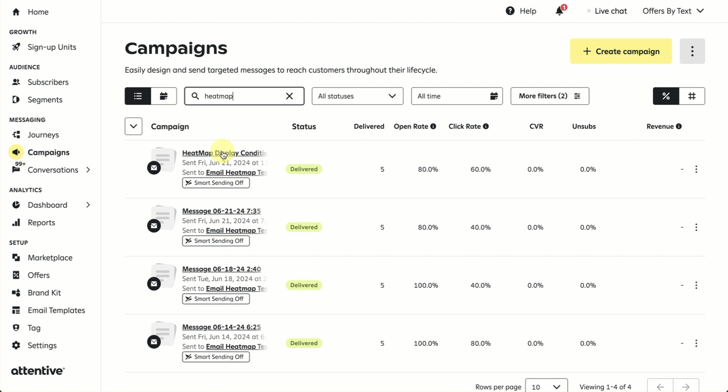 User navigates to the Campaigns page in Attentive, searches for 