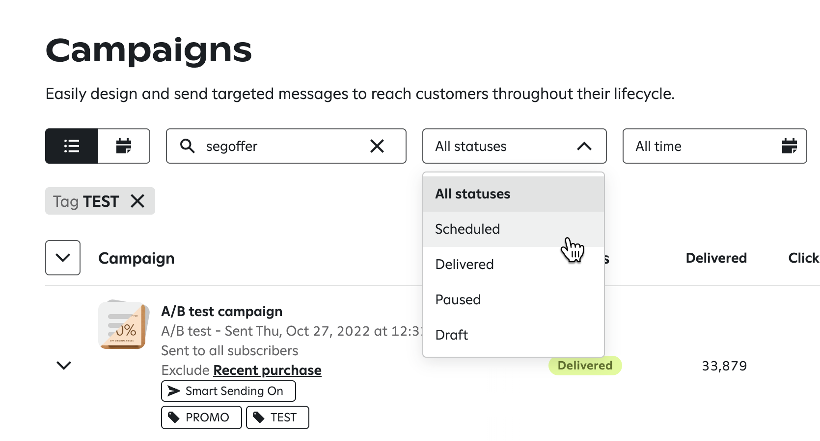 Campaigns page with filters for search, status, and date range visible at the top. The 'All statuses' dropdown is expanded, showing options like Scheduled, Delivered, Paused, and Draft, with the cursor on 'Delivered'.