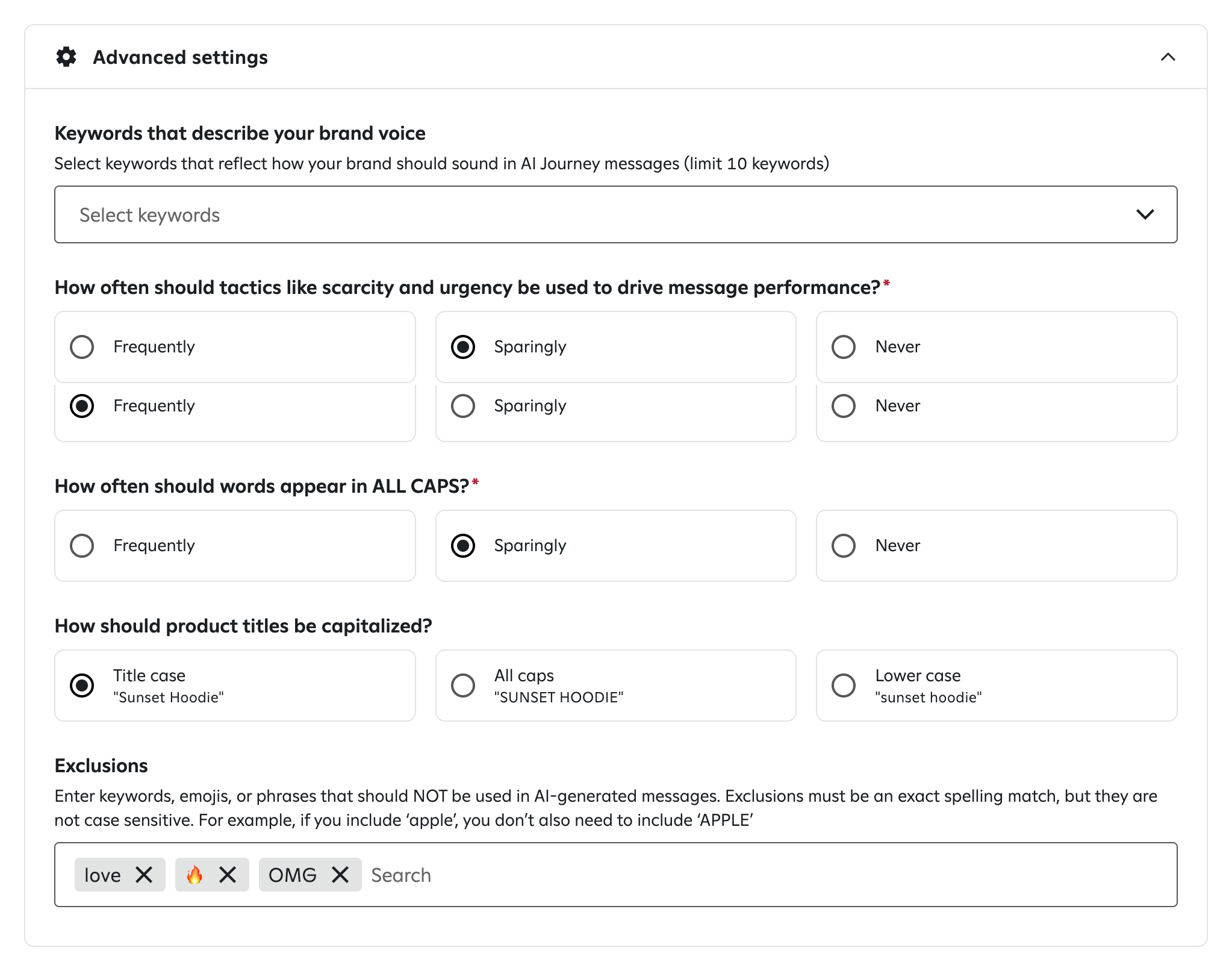 Advanced settings interface for configuring AI message parameters such as brand voice keywords, tactic frequency (scarcity, all caps), title capitalization, and content exclusions.