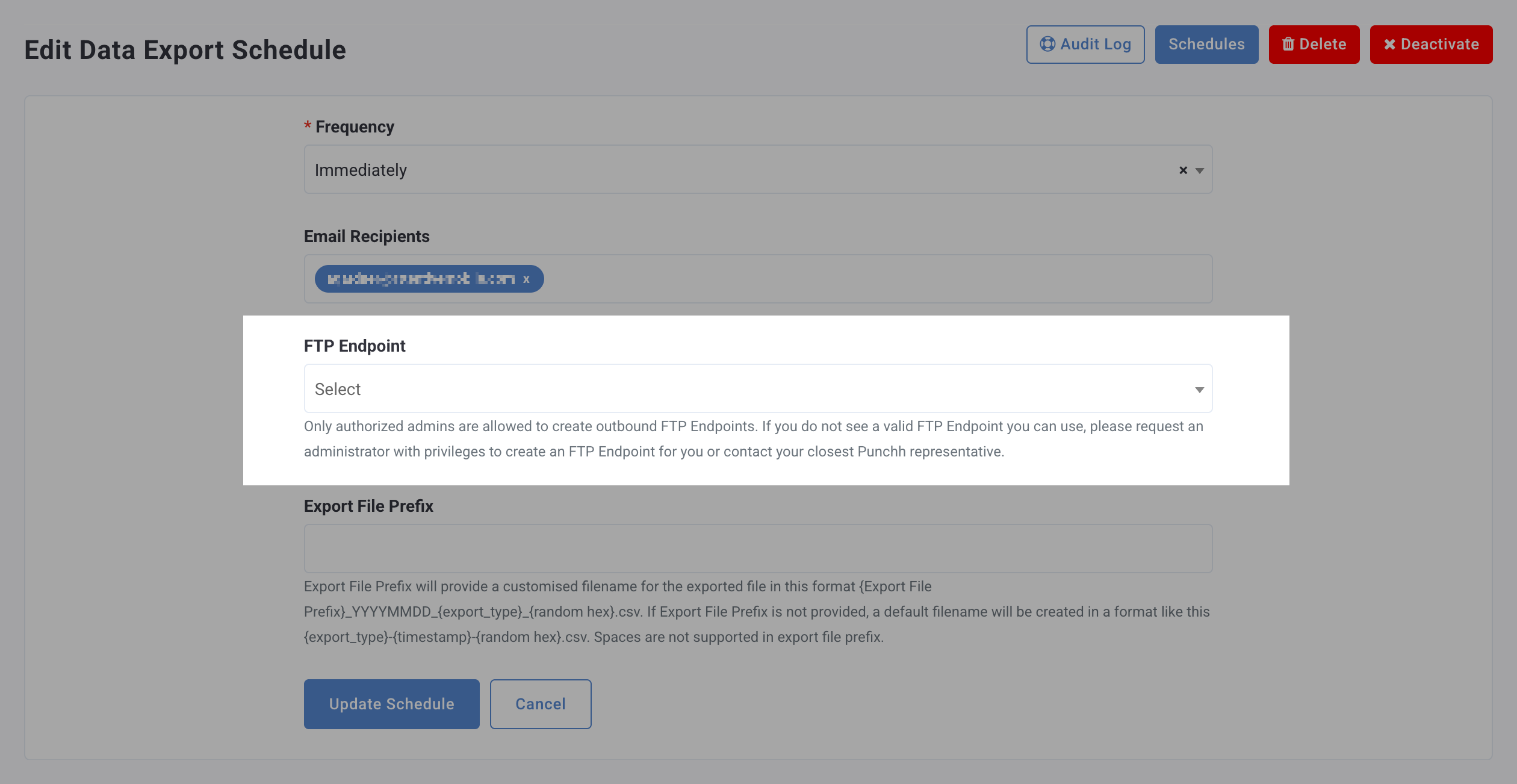 Edit Data Export Schedule page in Punchh, focusing on the FTP Endpoint selection dropdown.