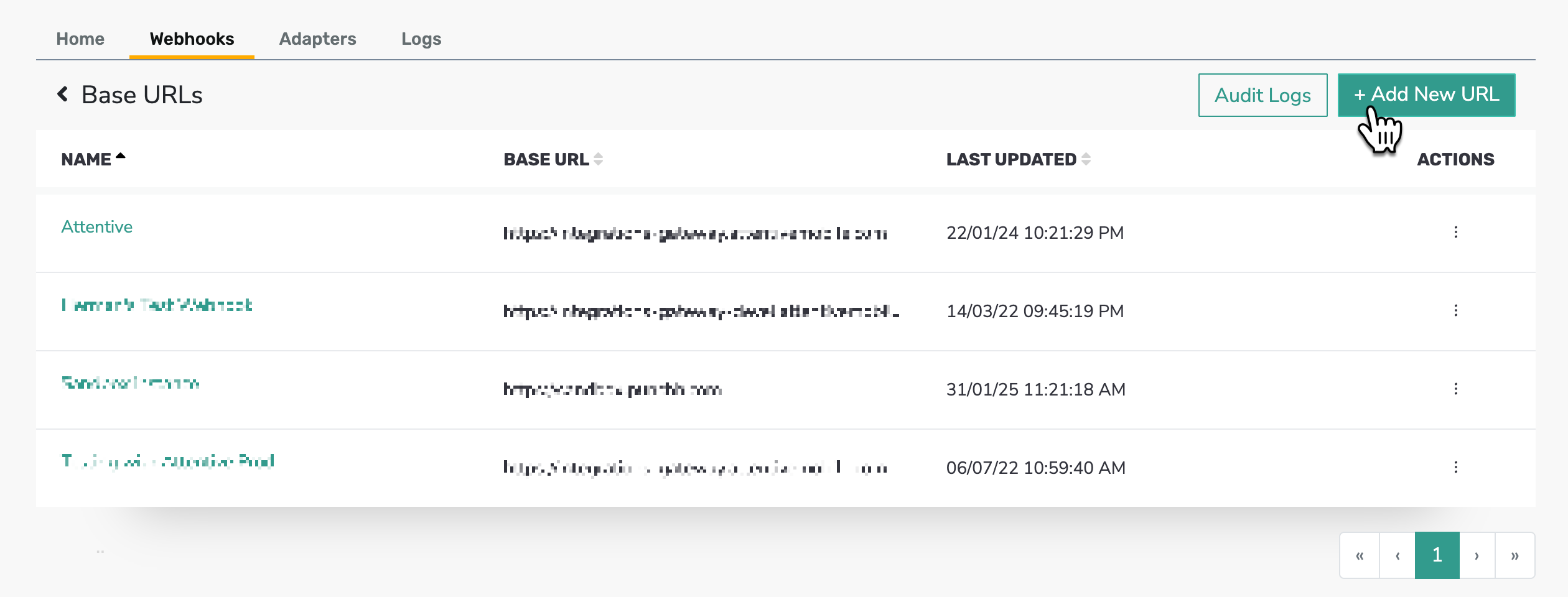 Punchh interface, Base URLs page, with the '+ Add New URL' button highlighted.