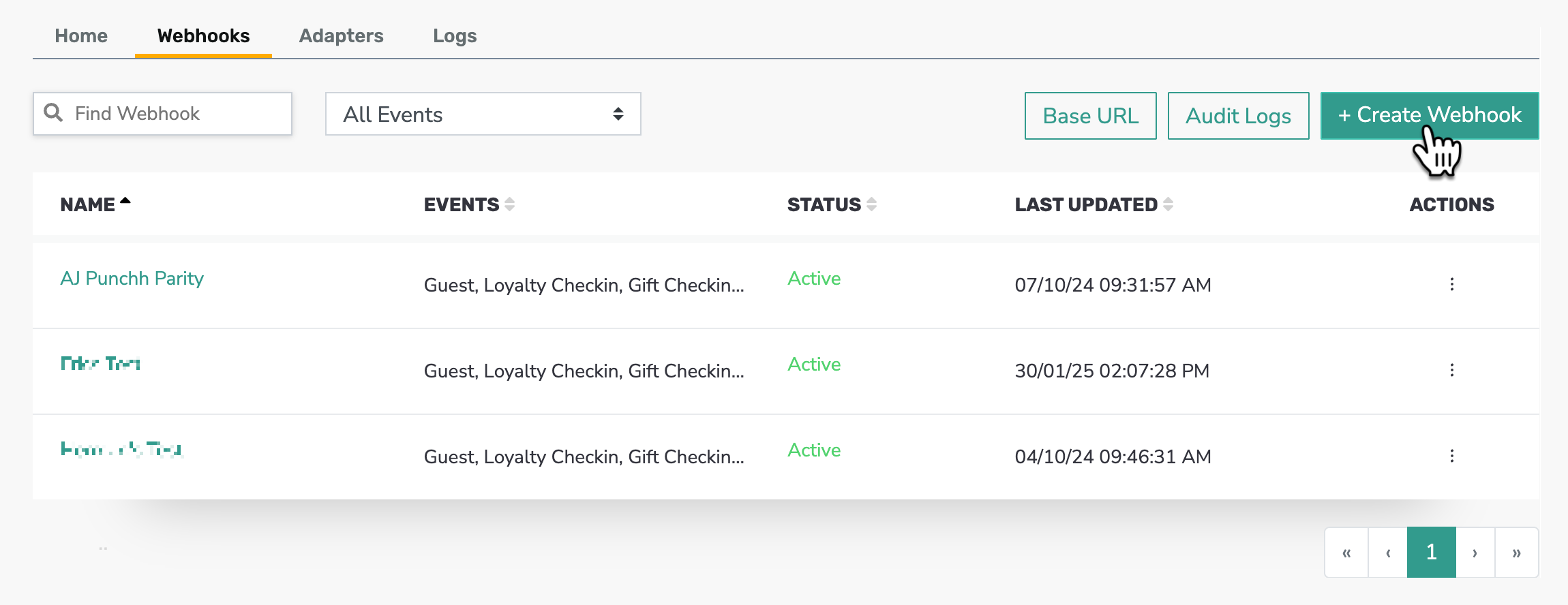 Punchh interface, Webhooks tab, with the '+ Create Webhook' button highlighted.