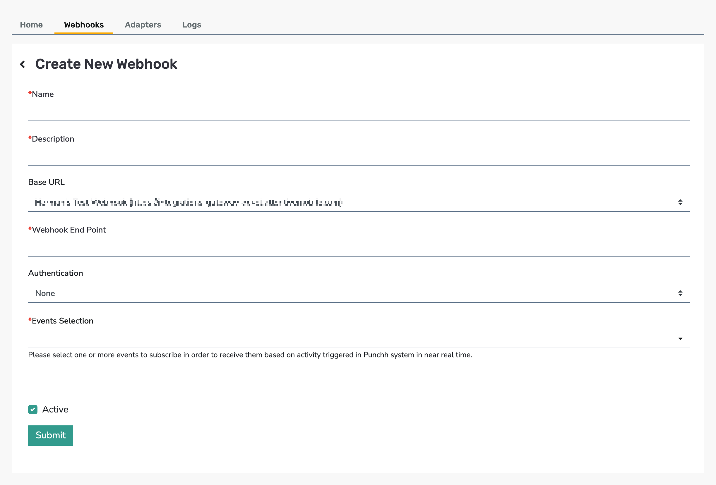 Create New Webhook page in Punchh, with fields for Name, Description, Base URL, Webhook End Point, Authentication, and Events Selection.