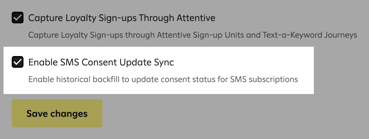 Punchh settings page showing the 'Enable SMS Consent Update Sync' checkbox checked, with descriptive text below it, and a 'Save changes' button.