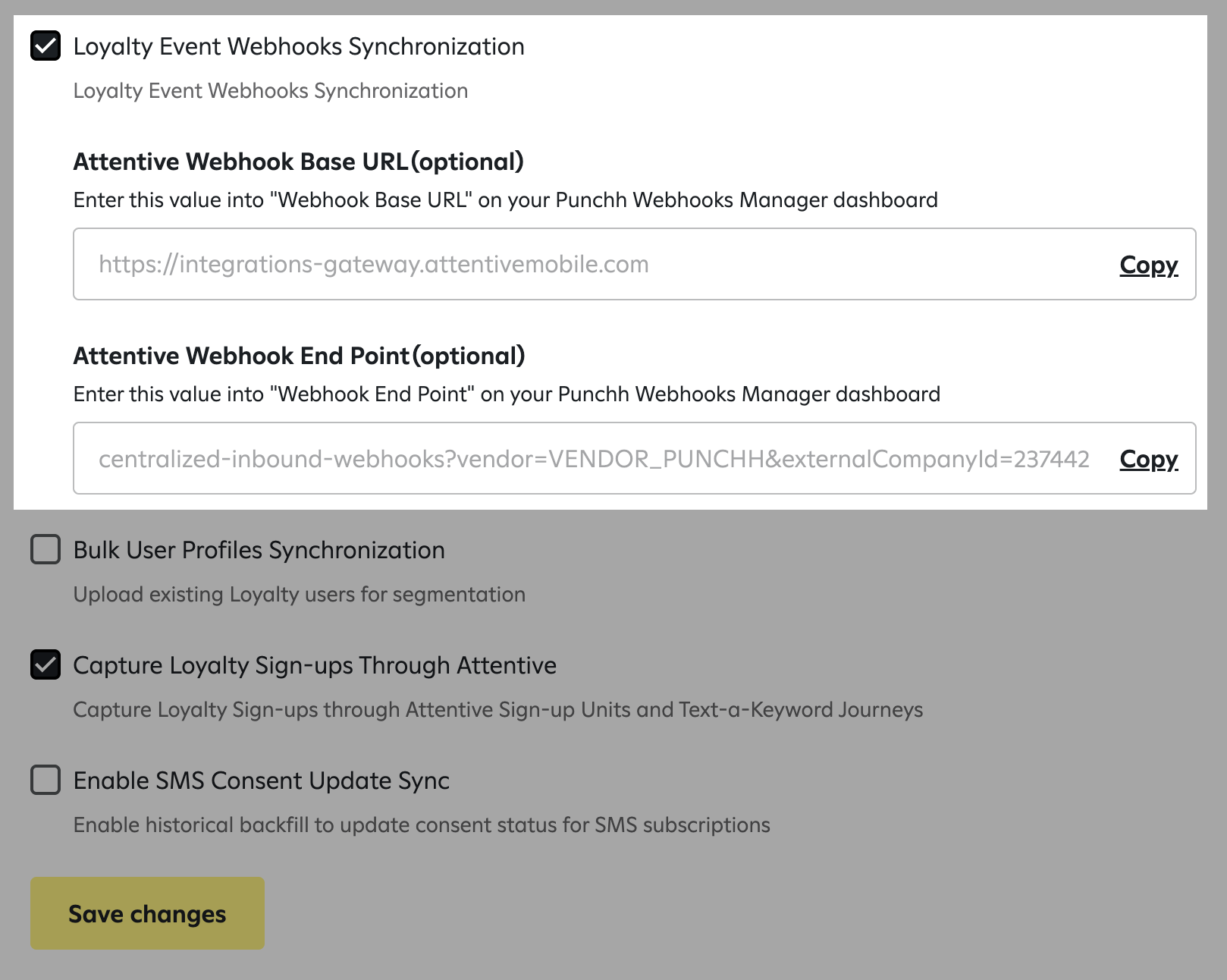 Loyalty Event Webhooks Synchronization settings in Attentive, showing fields for Attentive Webhook Base URL and End Point with copy buttons.