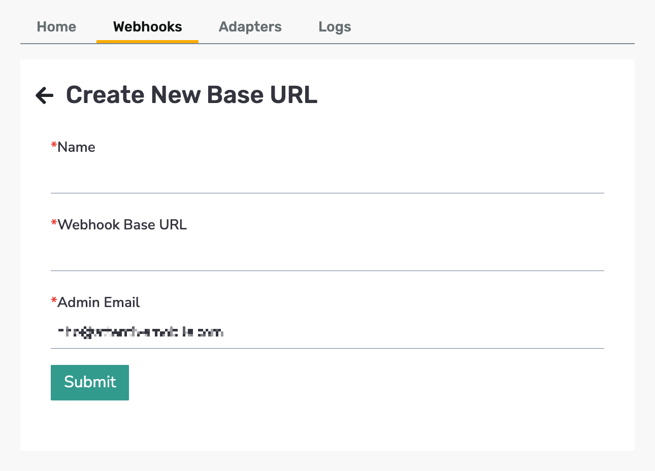 Create New Base URL page in Punchh, with fields for Name, Webhook Base URL, and Admin Email.