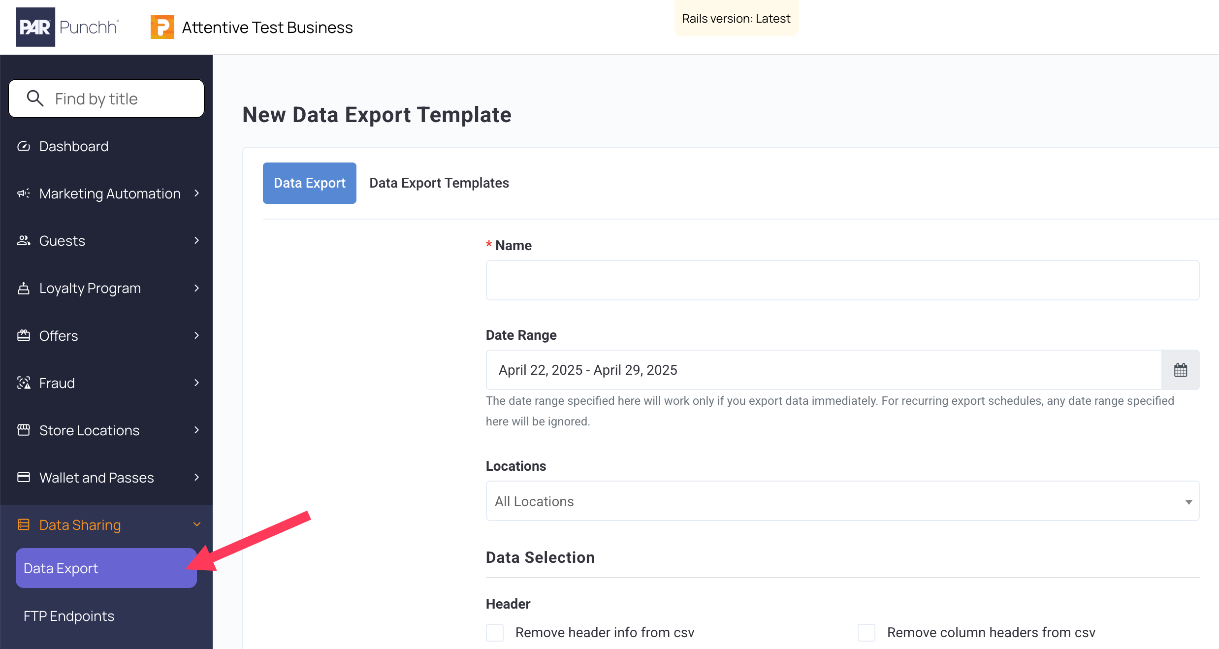 New Data Export Template page in Punchh. A red arrow points to the 'Data Export' option in the left-hand navigation menu.