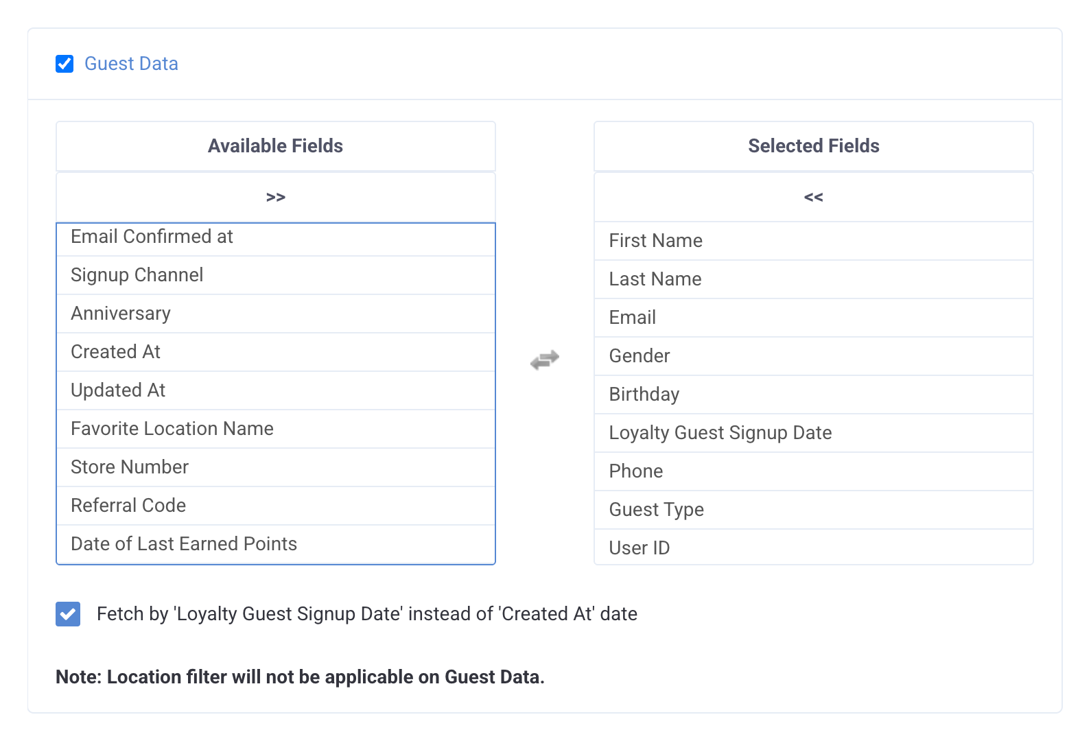Guest Data selection for Punchh data export, showing 'Available Fields' and 'Selected Fields' such as First Name, Last Name, Email, and Phone.