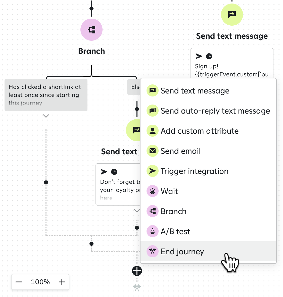 Attentive journey builder at the end of a branch path, with a pointer selecting 'End journey' from the menu of subsequent actions.