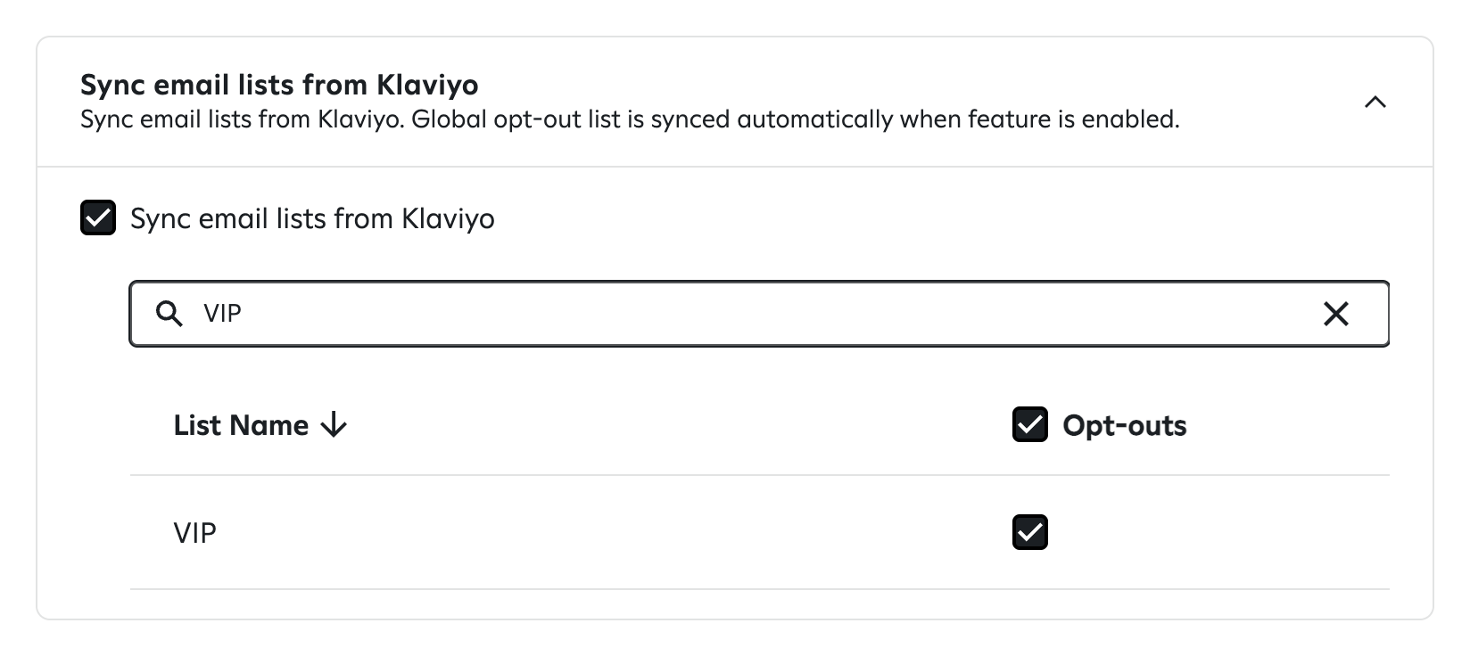 The 'Sync email lists from Klaviyo' option checked, 'VIP' entered in the search bar, and the 'VIP' list selected.